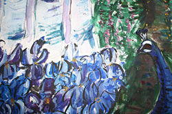 Peacock, irises and foxgloves. (Detail)