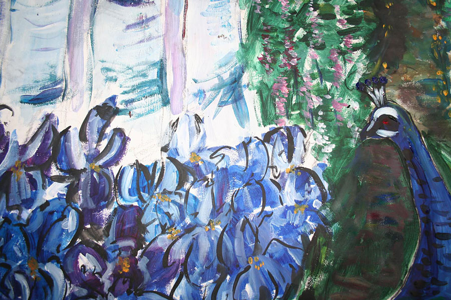 Peacock, irises and foxgloves. (Detail)